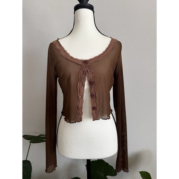 Y2K Brown Sheer Mesh Lace Trim Cropped Button Front Long Sleeve Top M Coquette - Picture 7 of 14